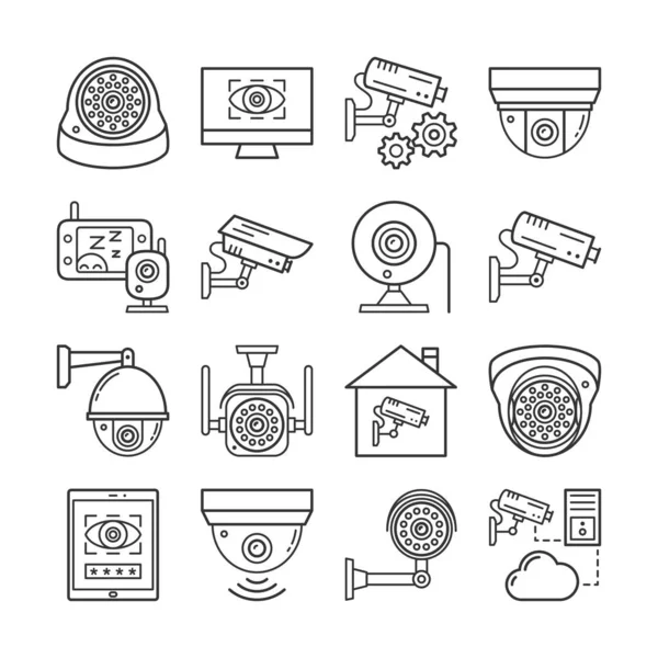 Cámara de vigilancia de seguridad, conjunto de iconos de línea delgada cctv — Vector de stock