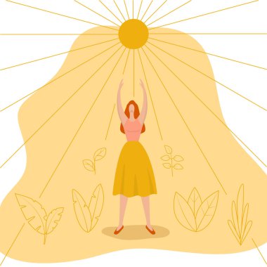 Genç kadın güneşe uzanıyor. Feminist konsept. Uluslararası