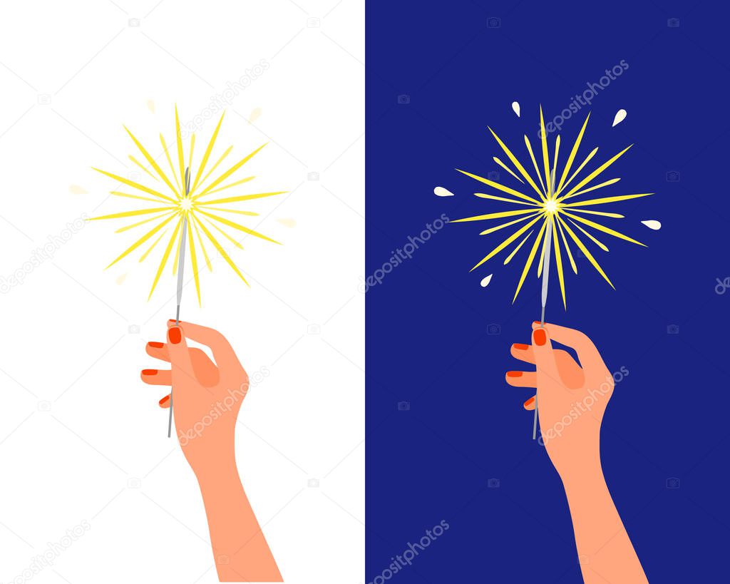 Bengal light fire sparkler in female hand. Christmas New Year Bi