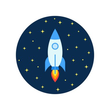 Uzay roketi evrende uçuyor ve evrende yıldızların arka planında seyahat ediyor. Uzay roketli renkli vektör çizimi. Başlangıçta yaratıcı fikir