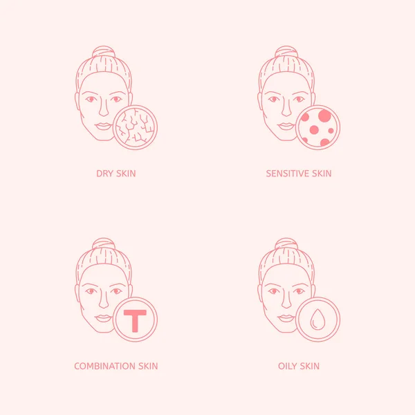Set Skin Types Conditions Female Faces Dry Oily Combination Sensitive — Stock Vector