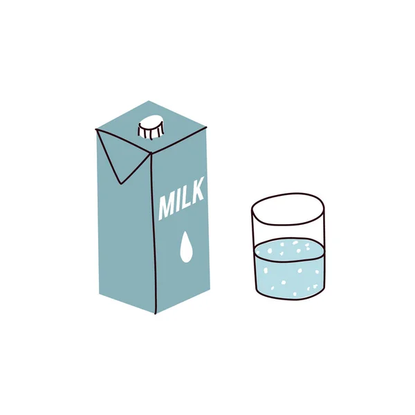 Ένα πακέτο γάλα και ένα μισογεμάτο ποτήρι υγρό. Εικονογράφηση διανύσματος σε στυλ ζωγραφισμένο στο χέρι — Διανυσματικό Αρχείο