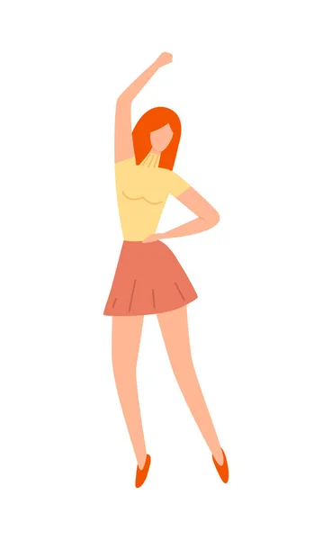Young Woman Dancing Terracotta Skirt Yellow Top Raising Hand Cartoon — Stock Vector