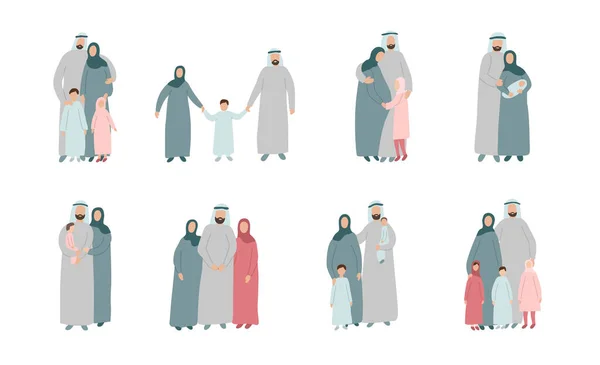 Set Different Muslim Families Arabian Parents Kids Traditional Islamic Clothes — Stock Vector