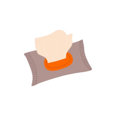 Açık ıslak mendil paketi. Antibakteriyel mendiller, temizlik peçeteleri. Hijyen hijyen kozmetik konsepti. Çizgi film vektör çizimi beyaz arkaplanda izole edildi