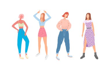 Kıyafet giymiş kadınlar izole öğrenci kızlar. Yaz kıyafetleri, kot pantolon, gömlek, etek ve elbise giymiş kadınlar. Moda modelleri, günlük giysiler içindeki moda hanımları çizgi film düz çizimler.
