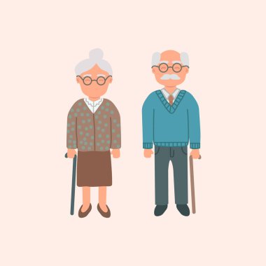 Yaşlı insanlar yaşlı adam ve kadını sopayla izole ettiler. Vector büyükanne ve büyükbaba, insanlar çizgi film tarzında emekli oluyor. Gündelik giysiler içinde büyük ebeveynler, olgun çiftler, yaşlı karakterler.