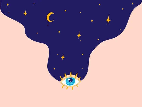 大きな目は夜空 月や星に対する人間の見解を観察します 夜の世界のベクトルビジョンは 世界の視力を観察する まつ毛と星空の目 宇宙の美しさを見て発見する人 — ストックベクタ