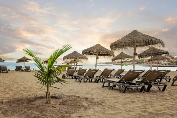 Doğal Günbatımı Kum Plajındaki Playa Torviscas Tenerife Kanarya Adaları — Stok fotoğraf