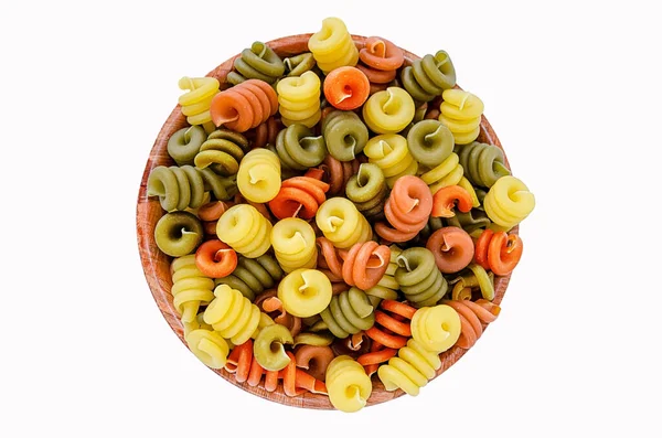 Colorida Pasta Seca Con Espinacas Tomates Tazón Madera — Foto de Stock