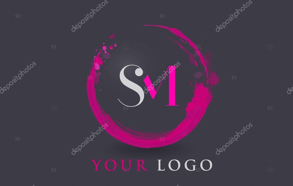 SM Circular Letter Brush Logo. Pink Brush with Splash Concept Design.