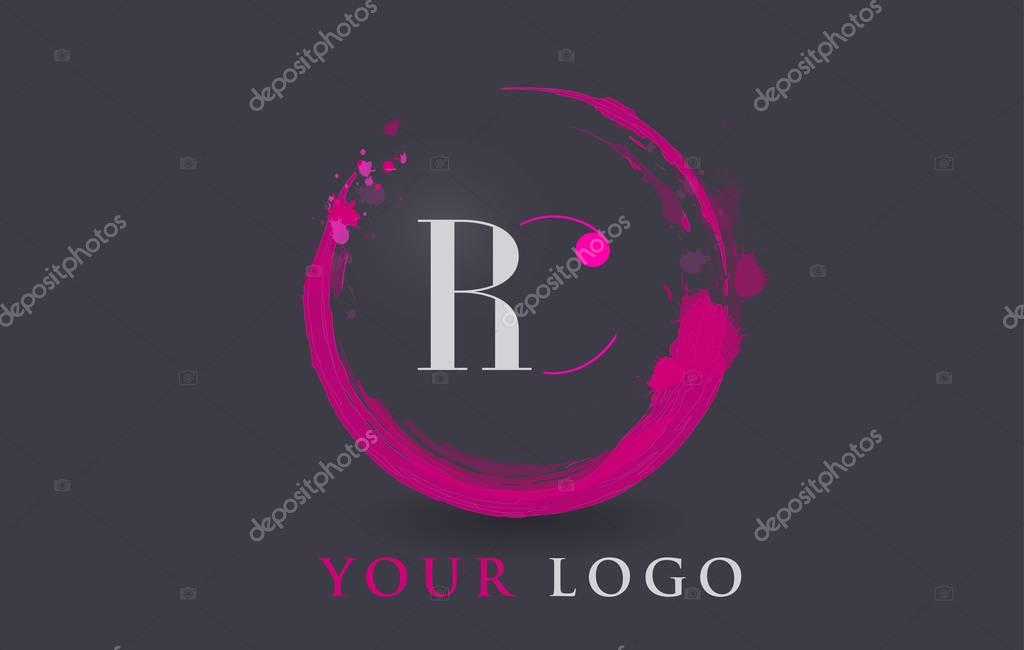 RC Circular Letter Brush Logo. Pink Brush with Splash Concept Design.