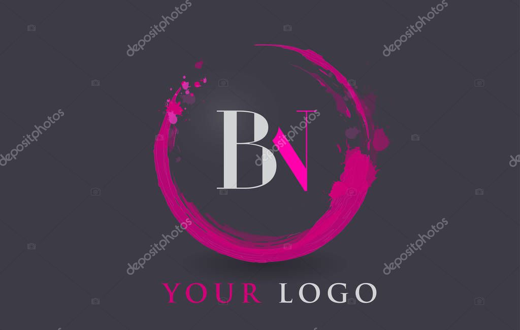 BN Circular Letter Brush Logo. Pink Brush with Splash Concept Design.