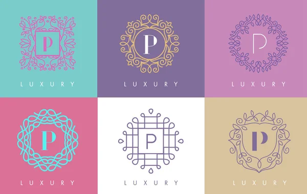 P Carta Pastel Floral Monograma Líneas Logo Diseño . — Archivo Imágenes Vectoriales
