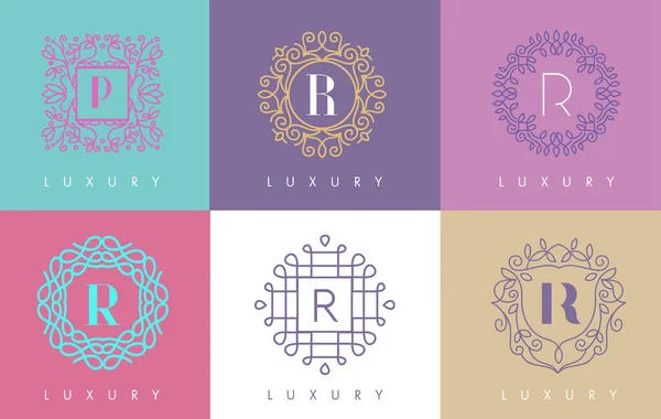 R Carta Pastel Floral Monograma Linhas Logo Design . — Vetor de Stock