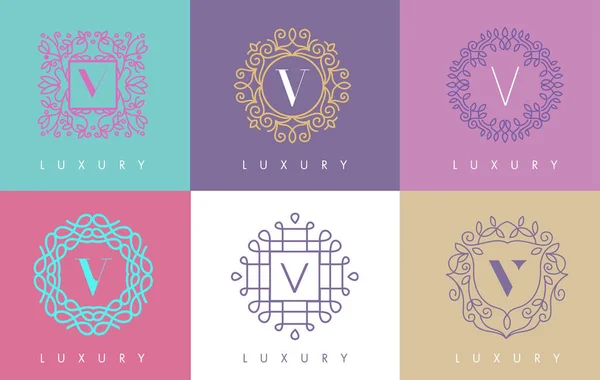 V Carta Pastel Floral Monograma Linhas Logo Design . — Vetor de Stock