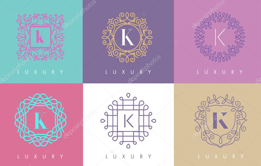 K Letter Pastel Floral Monogram Lines Logo Design. Elegant Linear Cosmetic Beauty.