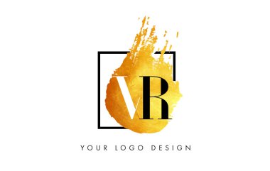 VR Gold Letter Brush Logo. Golden Painted Watercolor Background with Square Frame Vector Illustration. clipart svg vector 