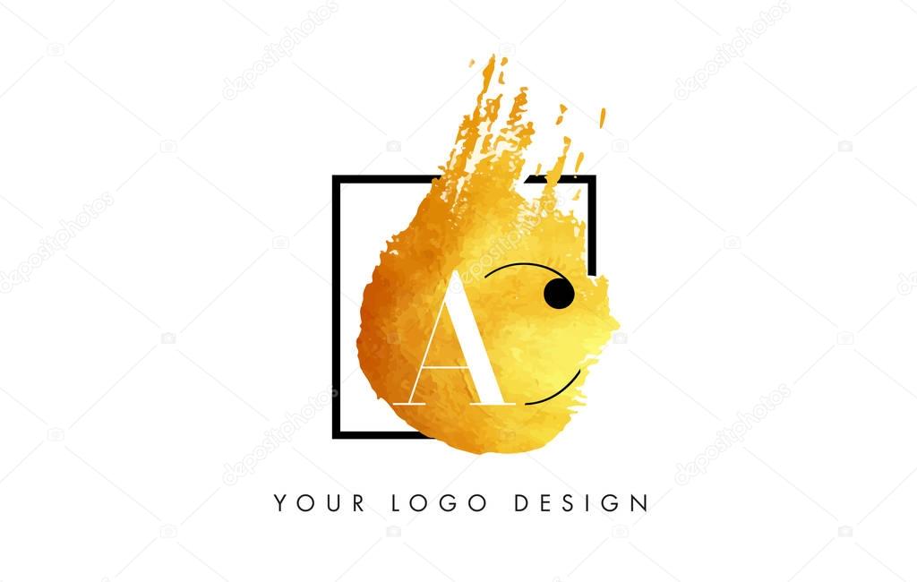 AC Gold Letter Brush Logo. Golden Painted Watercolor Background with Square Frame Vector Illustration.