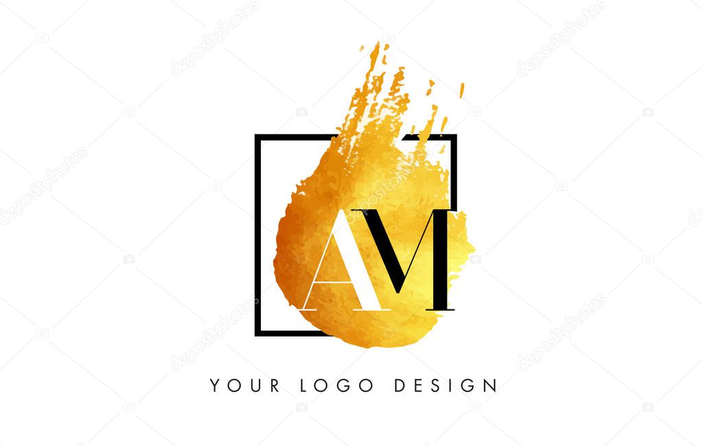 AM Gold Letter Brush Logo. Golden Painted Watercolor Background with Square Frame Vector Illustration.
