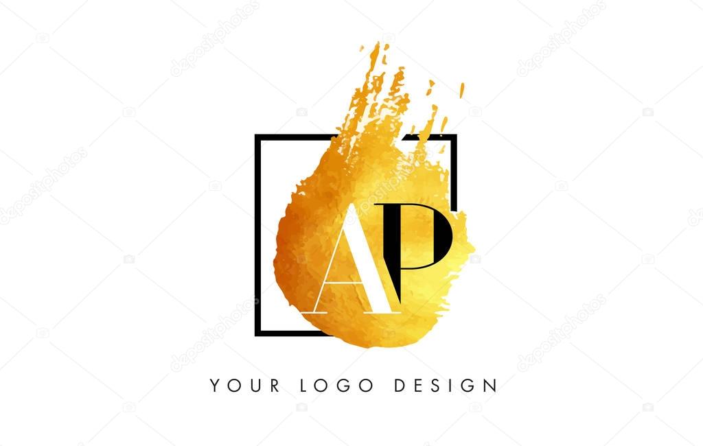 AP Gold Letter Brush Logo. Golden Painted Watercolor Background with Square Frame Vector Illustration.