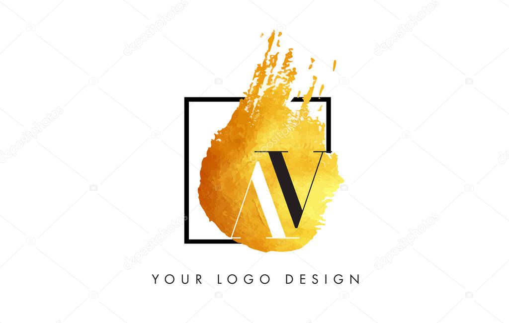 AV Gold Letter Brush Logo. Golden Painted Watercolor Background with Square Frame Vector Illustration.