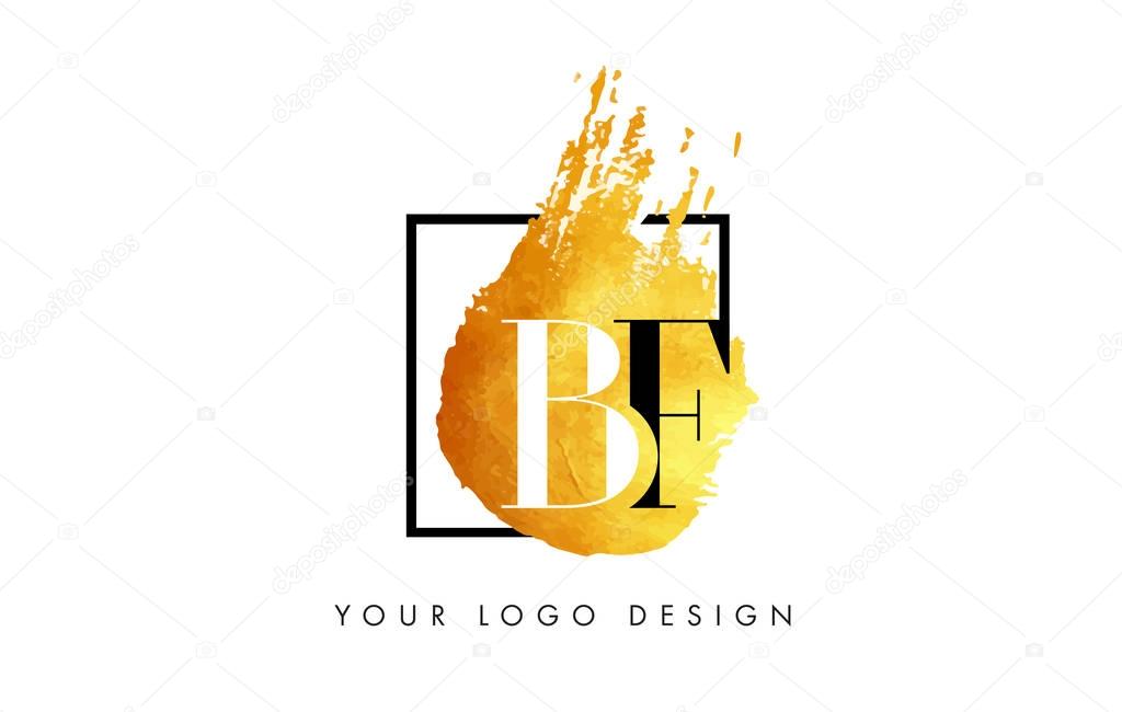 BF Gold Letter Brush Logo. Golden Painted Watercolor Background with Square Frame Vector Illustration.