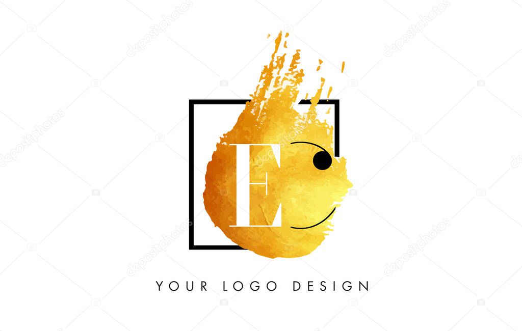 EC Gold Letter Brush Logo. Golden Painted Watercolor Background with Square Frame Vector Illustration.
