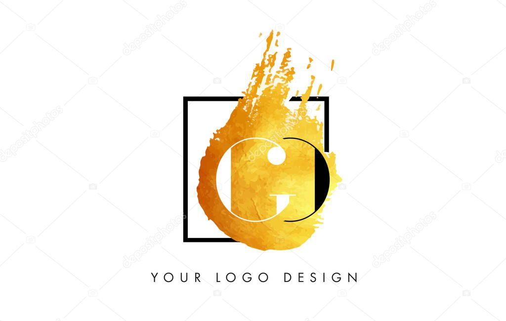 GO Gold Letter Brush Logo. Golden Painted Watercolor Background with Square Frame Vector Illustration.