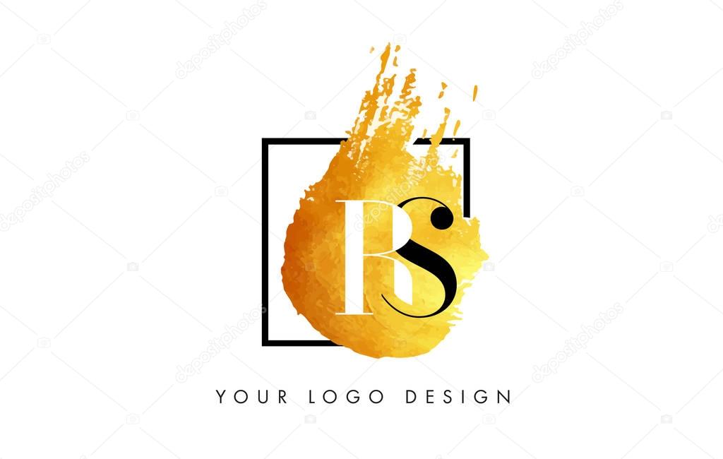 RS Gold Letter Brush Logo. Golden Painted Watercolor Background with Square Frame Vector Illustration.