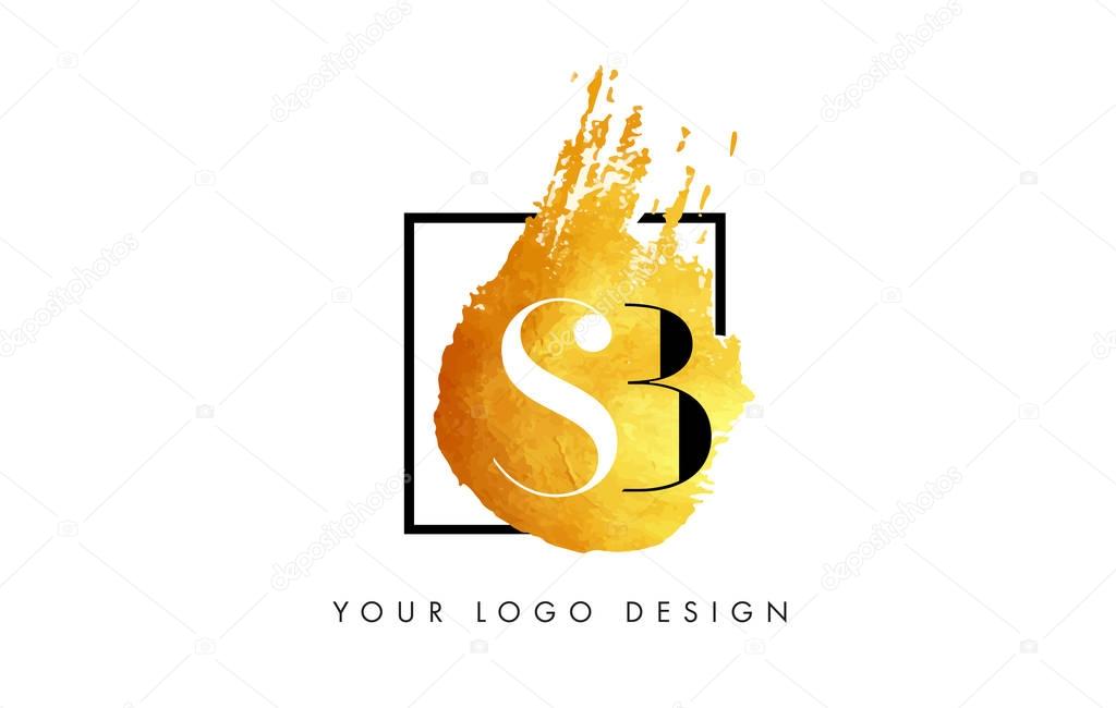 SB Gold Letter Brush Logo. Golden Painted Watercolor Background with Square Frame Vector Illustration.