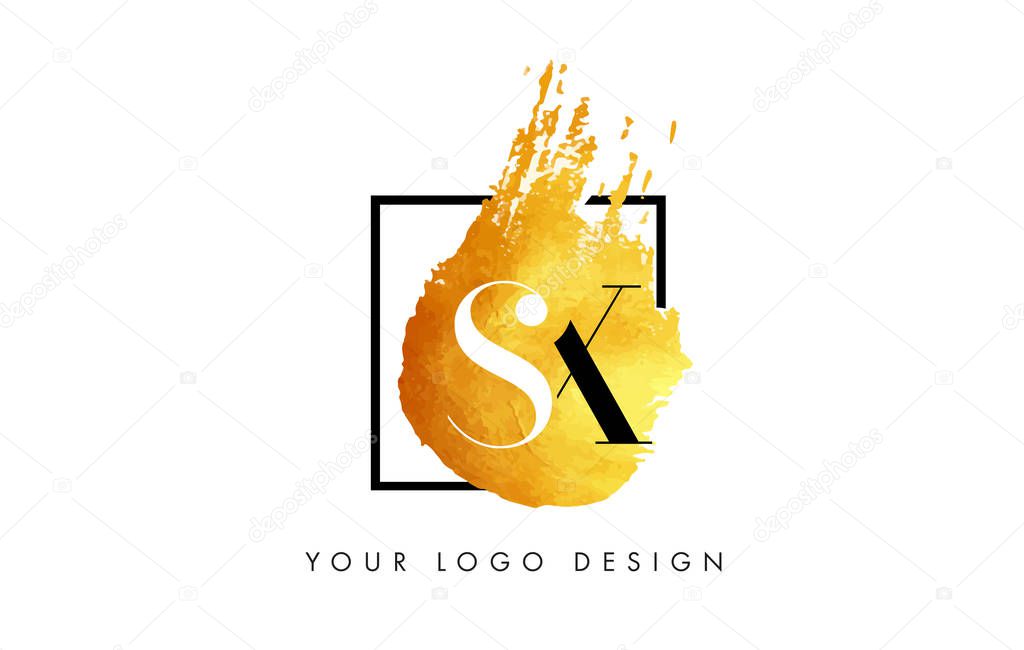 SX Gold Letter Brush Logo. Golden Painted Watercolor Background with Square Frame Vector Illustration.
