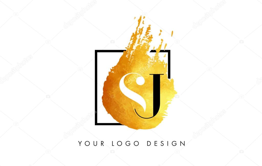 SJ Gold Letter Brush Logo. Golden Painted Watercolor Background with Square Frame Vector Illustration.