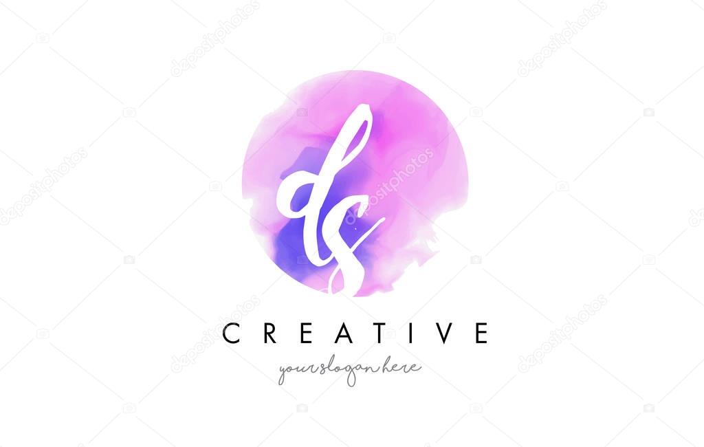 DS Watercolor Letter Logo Design with Purple Rounded Aquarella Brush Stroke.