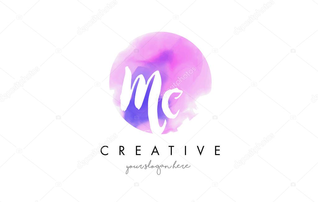 MC Watercolor Letter Logo Design with Purple Rounded Aquarella Brush Stroke.