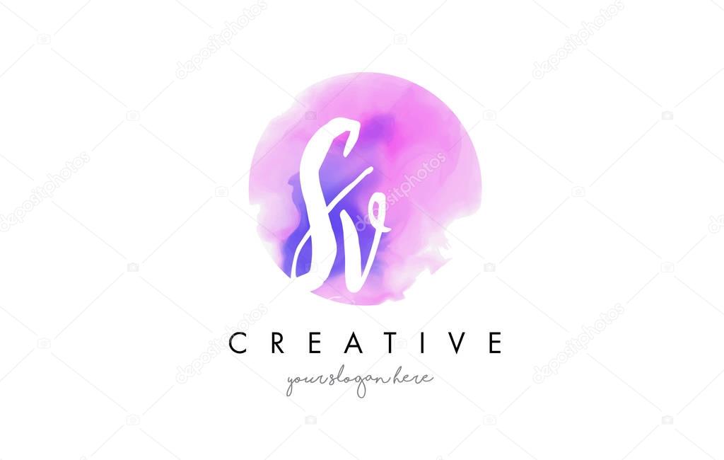 SV Watercolor Letter Logo Design with Purple Rounded Aquarella Brush Stroke.