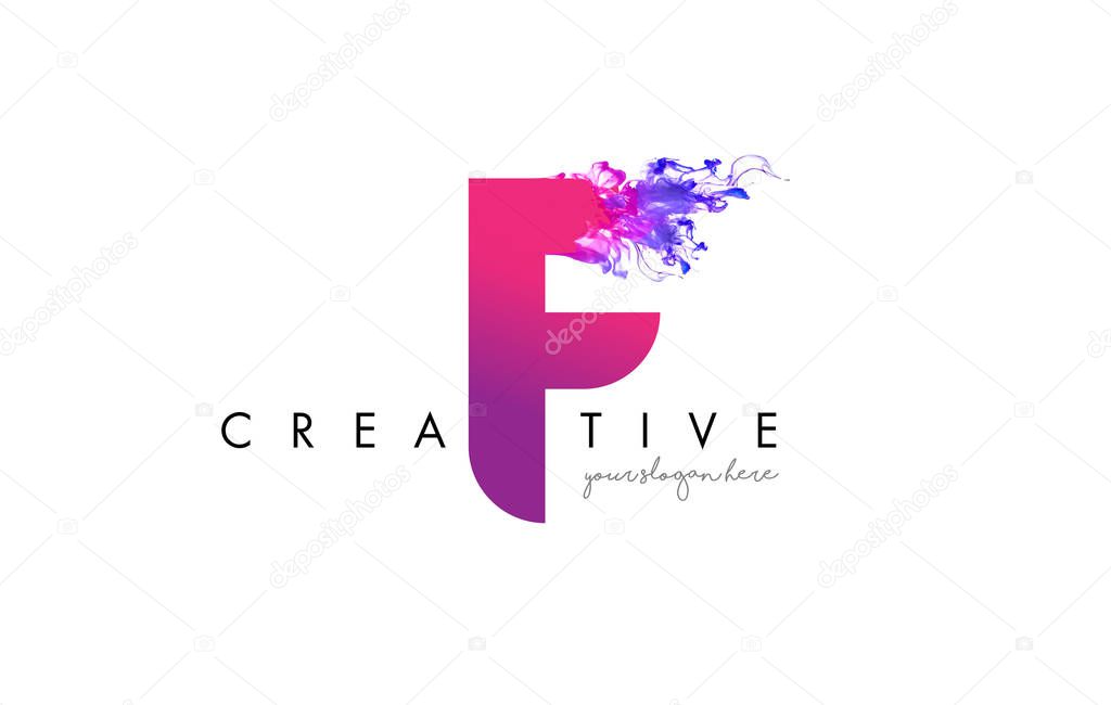 F Letter Logo Design with Ink Cloud Flowing Texture and Purple Colors.