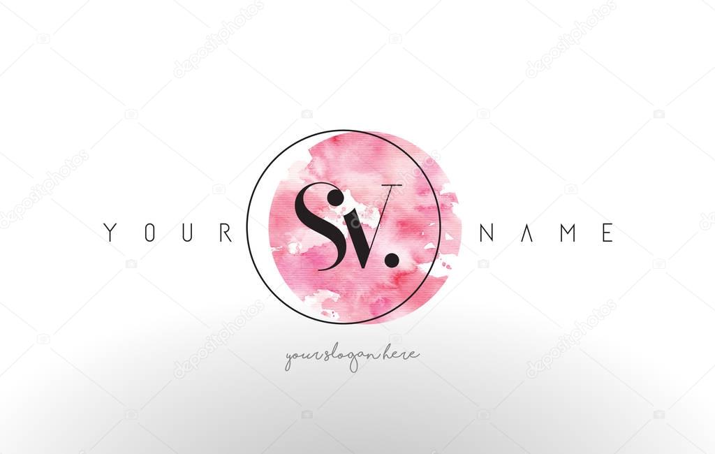 SV Watercolor Letter Logo Design with Circular Pink Brush Stroke.