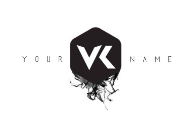 VK Black Ink Letter Logo Design with Rounded Hexagon Vector. clipart svg vector 