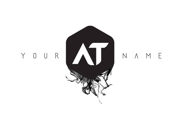 Logo lettera AT Design con fuoriuscita inchiostro nero — Vettoriale Stock