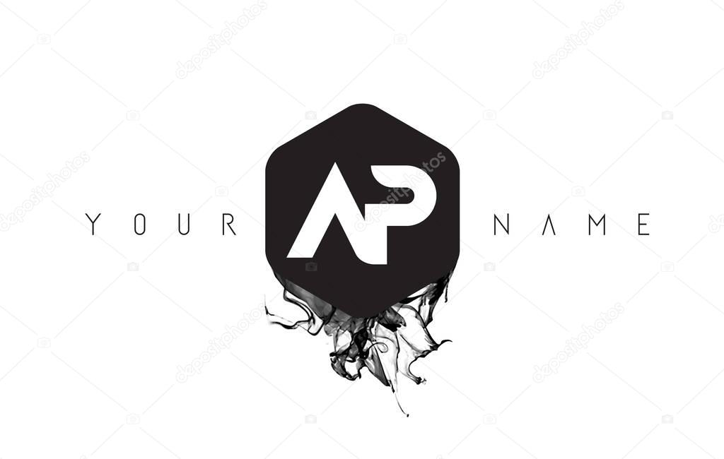 AP Letter Logo Design with Black Ink Spill
