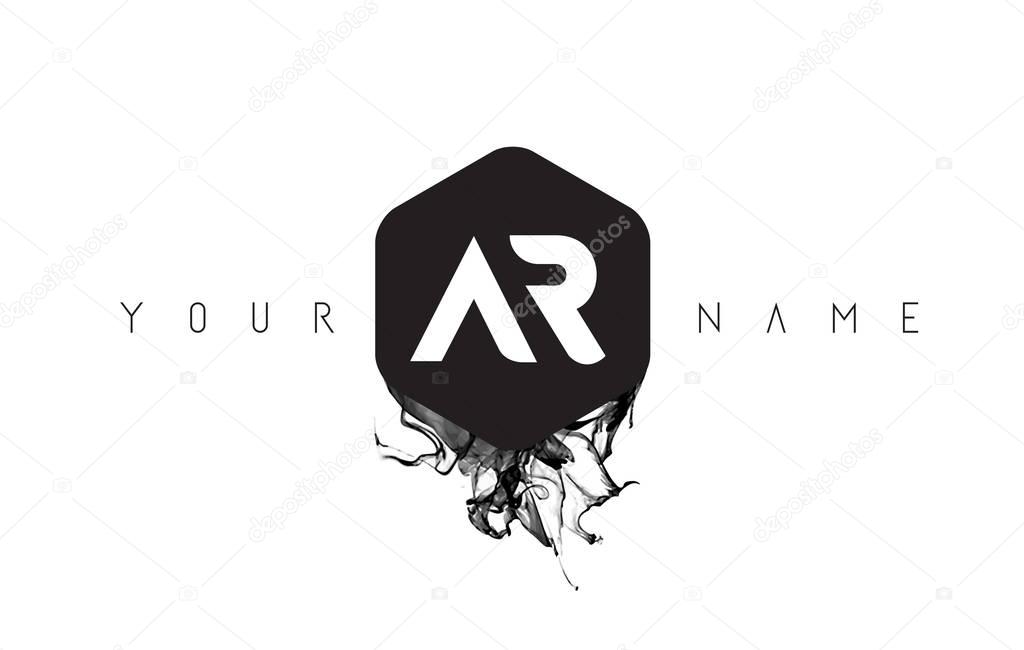 AR Black Ink Letter Logo Design with Rounded Hexagon Vector.
