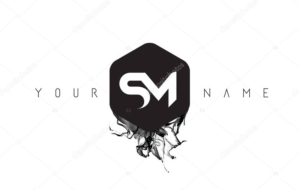 SM Black Ink Letter Logo Design with Rounded Hexagon Vector.