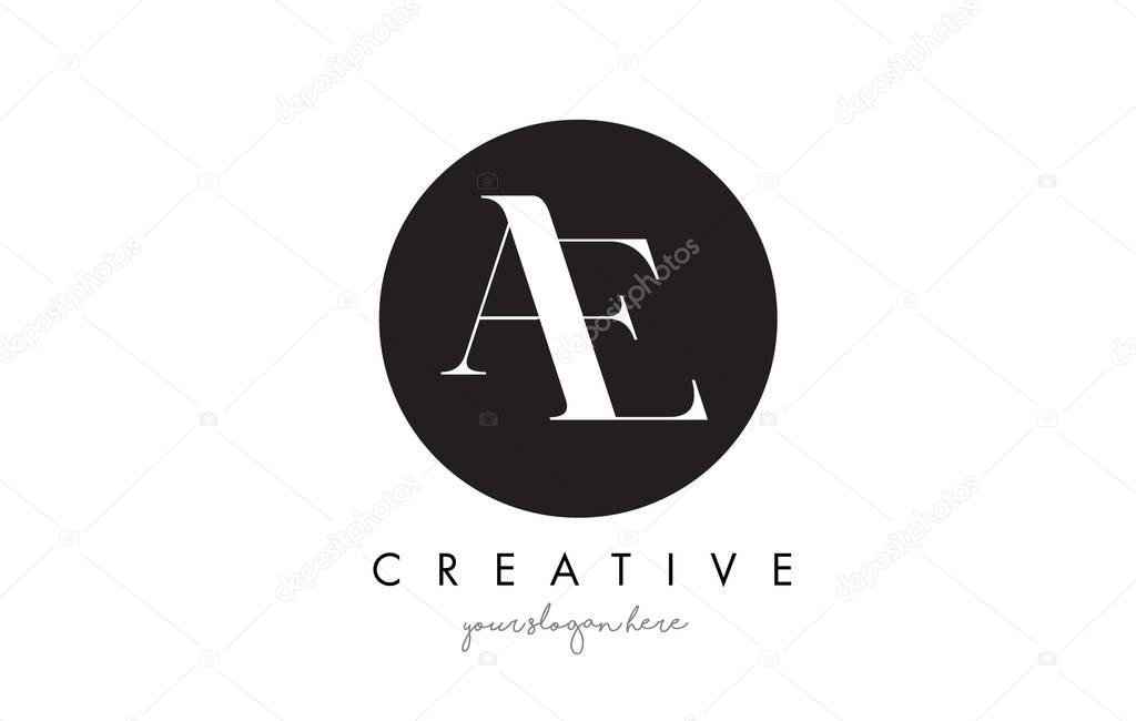AE Letter Logo Design with Black Circle and Serif Font Vector Illustration.