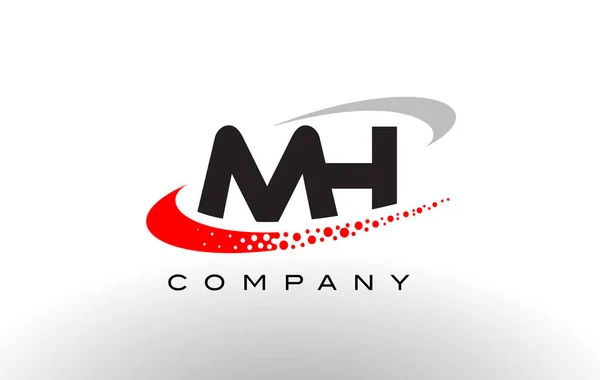 MH Design moderne de logo de lettre avec swoosh à pois rouges — Image vectorielle