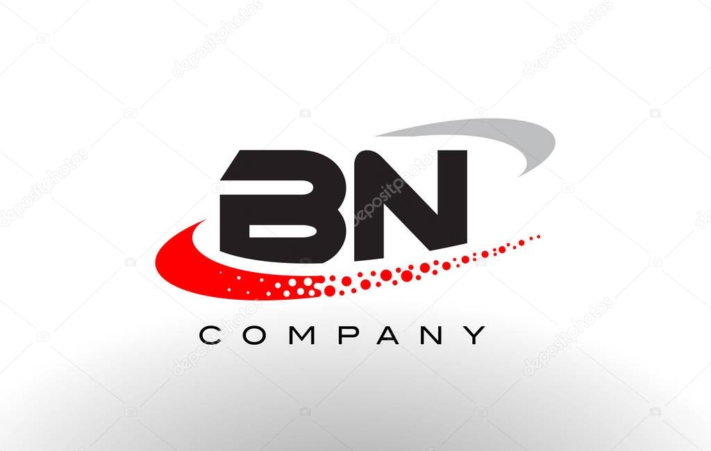 BN Modern Letter Logo Design with Creative Red Dotted Swoosh Vector