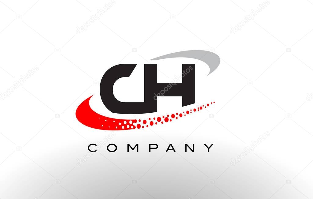 CH Modern Letter Logo Design with Red Dotted Swoosh 