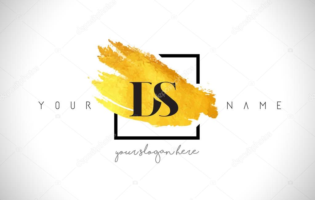 DS Golden Letter Logo Design with Creative Gold Brush Stroke and Black Frame.