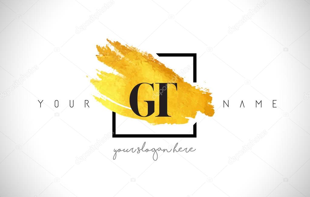 GT Golden Letter Logo Design with Creative Gold Brush Stroke and Black Frame.