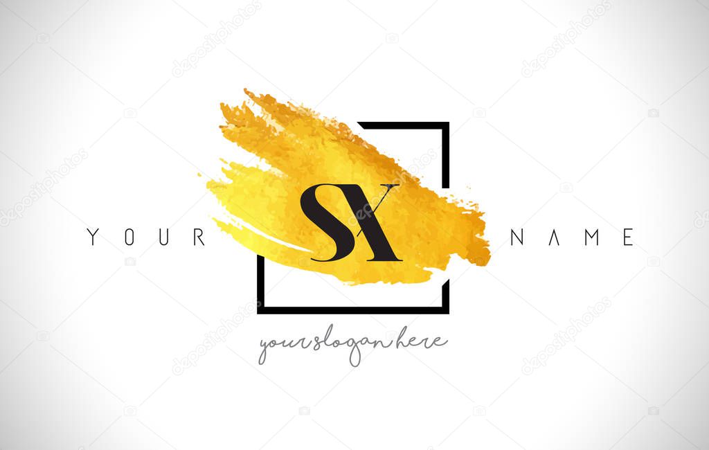 SX Golden Letter Logo Design with Creative Gold Brush Stroke and Black Frame.